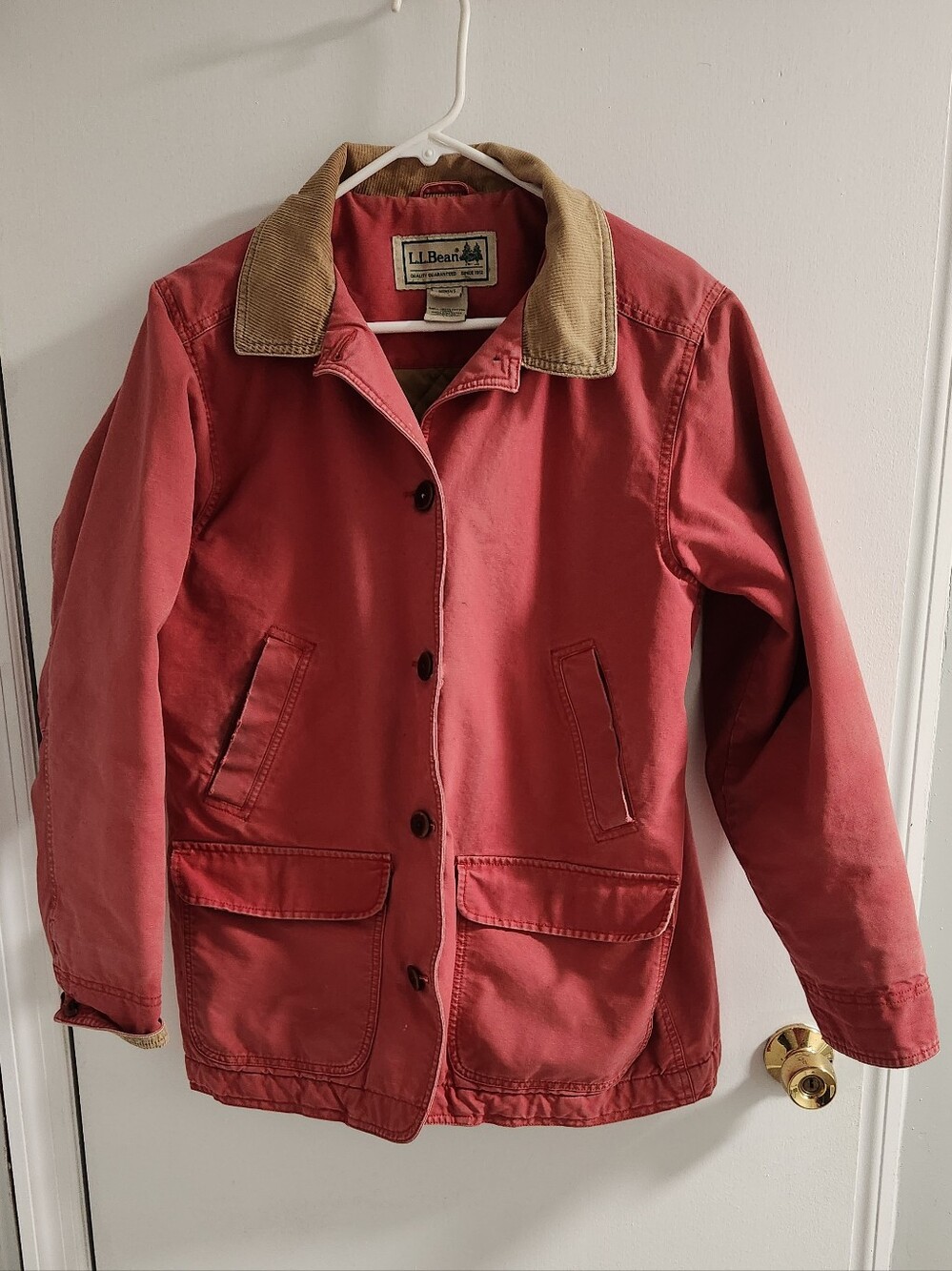 Vintage L.L. Bean Women's Red Barn Jacket with Tan Corduroy Collar, Size M